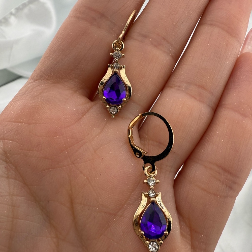 Gold and Purple Teardrop Earrings with Sparkling Accents - Picture 5 of 8